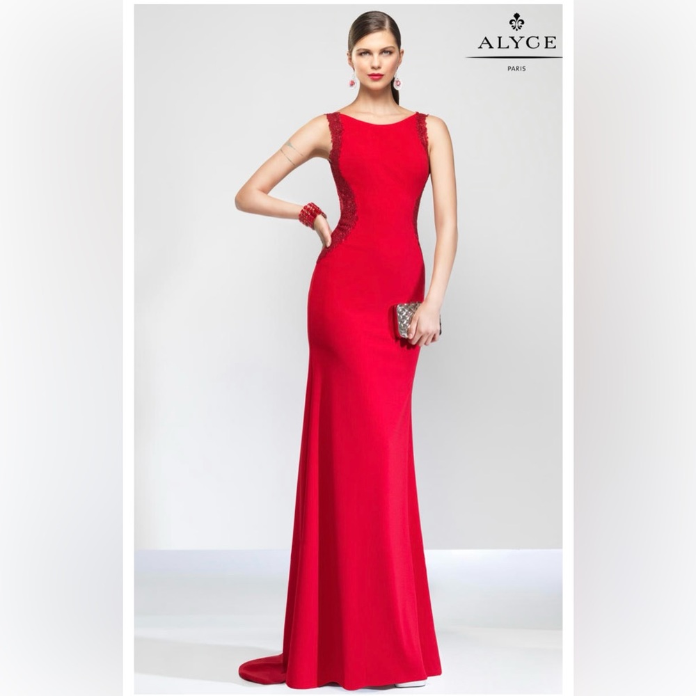 RARE Alyce Paris Dress Slimming Laced Beaded Bridal Formal Wear Red Size 10